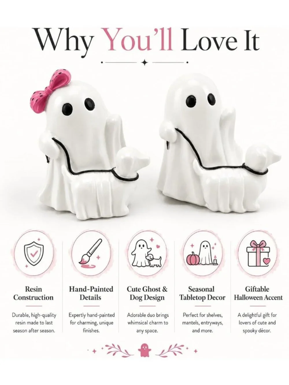 Ghost Walking Dog Halloween Figurine Cute Pink Bow Spooky Home Décor Statues